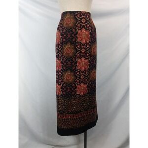 Y2K Grannycore Tapestry Maxi Skirt Ornate 90s Boho Black Red Stretch Size 16